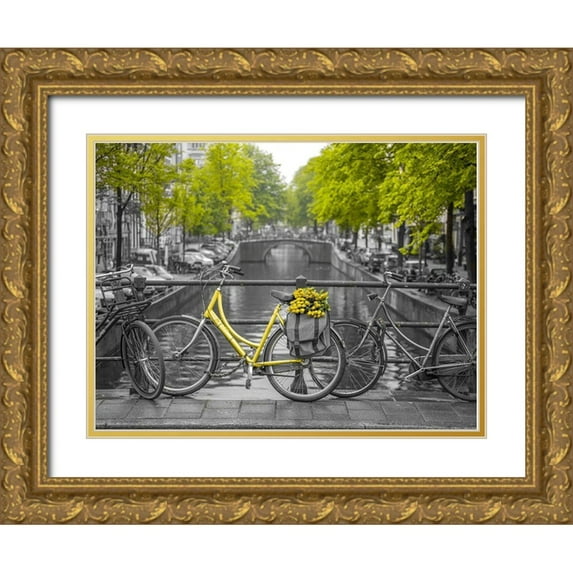 Frank, Assaf 32x25 Gold Ornate Wood Framed with Double Matting Museum Art Print Titled - Bicycle with bunch of flowers by the canal, Amsterdam
