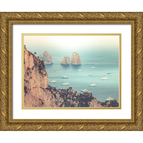 Frank, Assaf 32x25 Gold Ornate Wood Framed with Double Matting Museum Art Print Titled - Faraglioni Cliffs-Capri,Italy