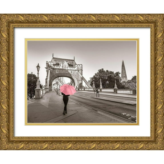 Frank, Assaf 32x25 Gold Ornate Wood Framed with Double Matting Museum Art Print Titled - Lady with a pink umbrella, Tower bridge, London