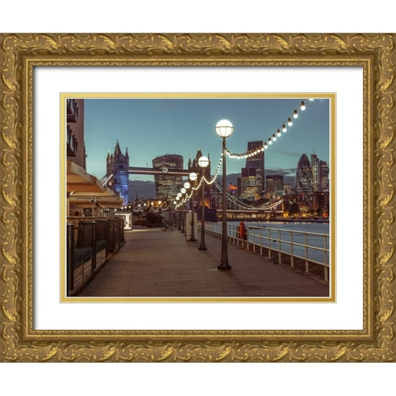 Frank, Assaf 32x25 Gold Ornate Wood Framed with Double Matting Museum Art Print Titled - London Riverside Promenade with Tower bridge