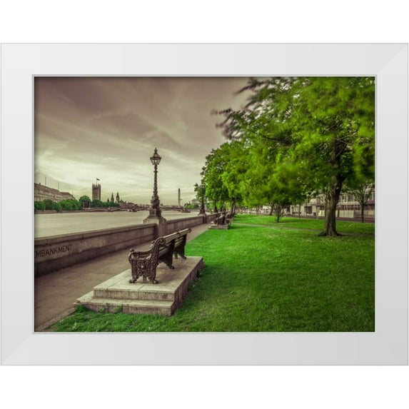 Frank, Assaf 32x25 White Modern Wood Framed Museum Art Print Titled - Bench at the park by the river Thames, London, UK
