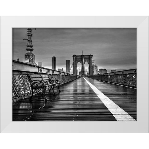 Frank, Assaf 32x25 White Modern Wood Framed Museum Art Print Titled - Empty bench on the pedestrian walkway of the Brooklyn Bridge, New York
