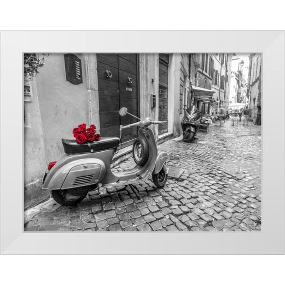 Frank, Assaf 32x25 White Modern Wood Framed Museum Art Print Titled - Old scooter with bunch of roses on narrow street of Rome