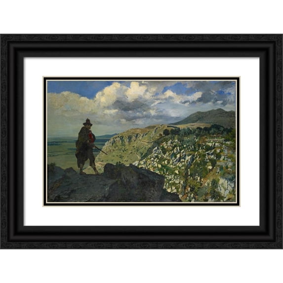 Frank Buchser 24x17 Black Ornate Framed Double Matted Museum Art Print Titled: Brigand Standing Guard in the Mountains (1879)