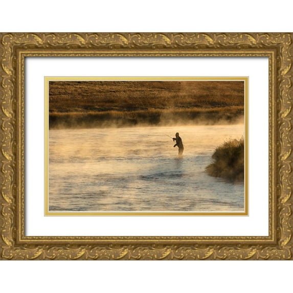 Frank, Jacob W. 24x17 Gold Ornate Wood Framed with Double Matting Museum Art Print Titled - Fall Fishing on the Madison River at Sunrise, Yellowstone National Park
