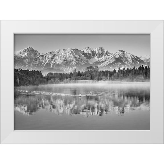 Frank, Krahmer 14x11 White Modern Wood Framed Museum Art Print Titled - Allgaeu Alps and Hopfensee lake, Bavaria, Germany (BW)