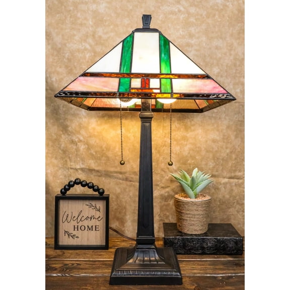 Frank Lloyd Wright Mission Style Geometry Pyramid Stained Glass Side Table Lamp