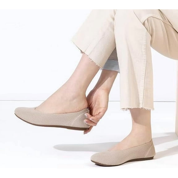 Flatgios Women's Ballet Flats, Knitted Dress Shoes, Round Toe Walking Flats Women Apricot-11
