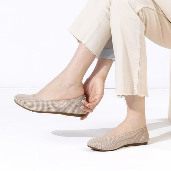 Flatgios Women's Ballet Flats, Knitted Dress Shoes, Round Toe Walking Flats Women Apricot-9.5