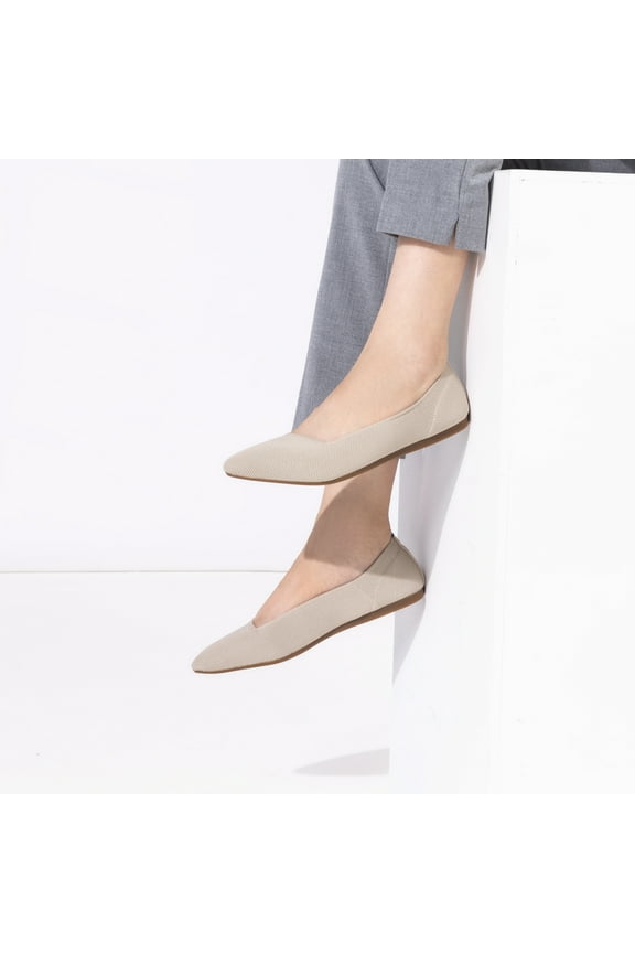 Pointed-Toe Flat Knit Dress Shoes Comfortable Women's Shoes Women's Classic Soft Shoes Beige-9