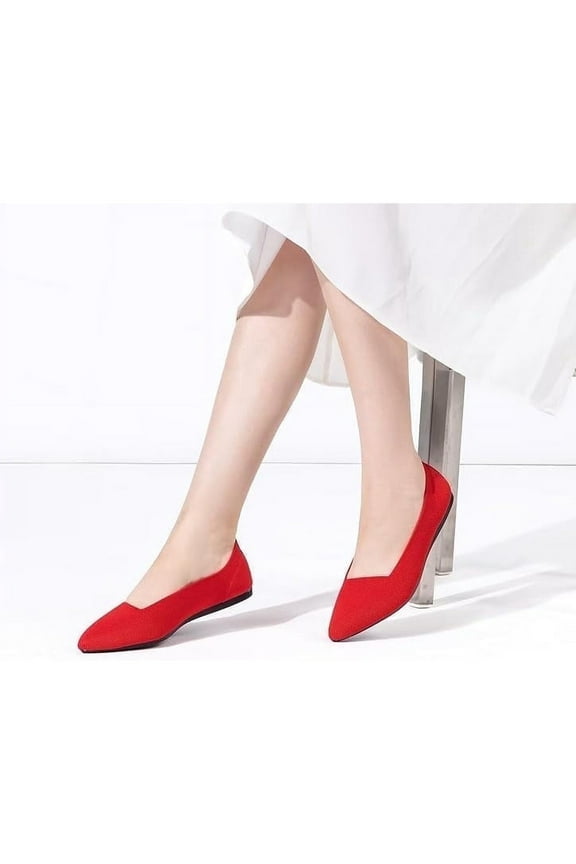 Pointed-Toe Flat Knit Dress Shoes Comfortable Women's Shoes Women's Classic Soft Shoes Red-9