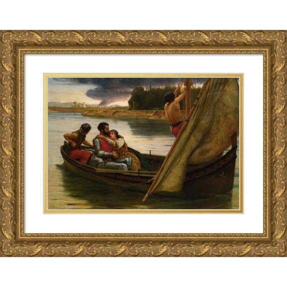 Frank William Warwick Topham 24x18 Gold Ornate Framed and Double Matted Museum Art Print Titled - The Voyage of King Arthur and Morgan Le Fay to the Isle of Avalon (1888)