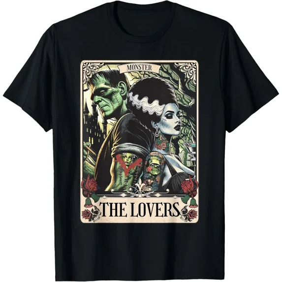Frankenstein And Bride The Lovers Tarot Card Horror Unisex T-Shirt ,up to size 5XL