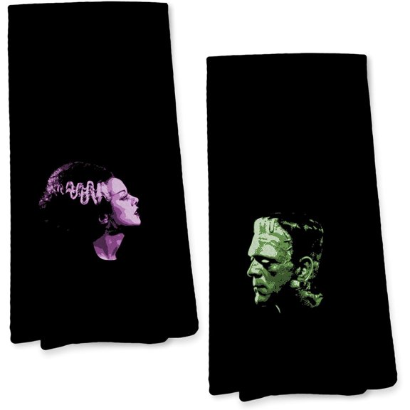 Frankenstein and Bride Gothic Couple Kitchen Towels, Dark Academia Horror Monster Movie Hand Towels for Bathroom, Purple and Green Spooky Dish Tea Towels for Home Bar Kitchen, 16x24 Inch