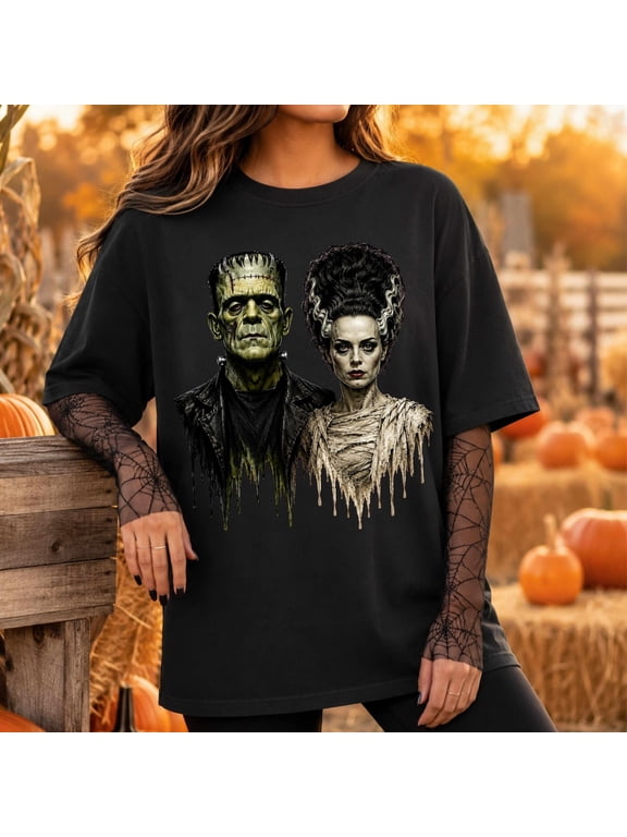 Frankenstein & Bride Portrait T-Shirt, Halloween Tee, Horror Drip Art