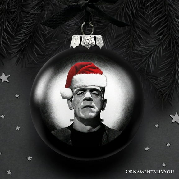 Frankenstein Christmas Spooky Portrait Glass Ornament, Black Horror Halloween Tree Decoration