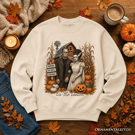 Frankenstein Couple Pumpkin Patch Sweatshirt, Vintage Halloween Fall Festival Sweater