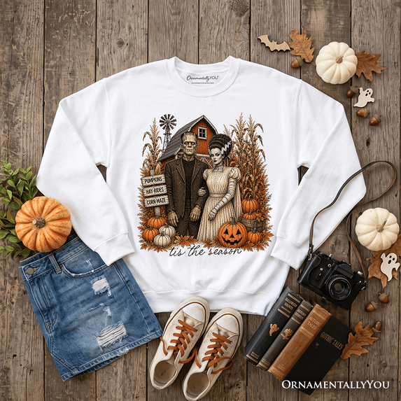 Frankenstein Couple Pumpkin Patch Sweatshirt, Vintage Halloween Fall Festival Sweater