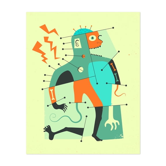 Frankenstein - Digital Art Surrealism Modern Art Geometric Illustration Pop Art Anatomy Whimsical Unframed Wall Art Print 9 x 12 inches