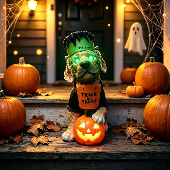 Frankenstein Dog Resin Halloween Decor with LED Eyes, Glowing Pumpkin Spooky Decor Night, Spooky Decorations for Porch Shelf Party Display