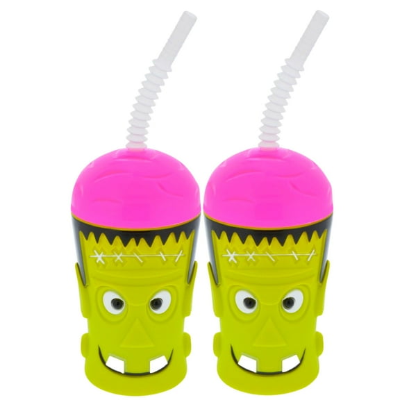 Frankenstein Halloween Plastic Tumbler - 16oz Cups with Straw (Set of 2) - Spooky Monster Character Cold Drinks Smoothie Water Decorative Drinkware Party Favor