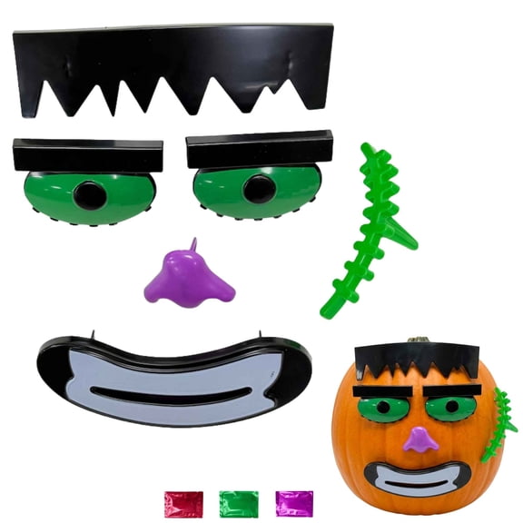 Frankenstein Halloween Pumpkin Decorating Kit Set 1-Pack, Plastic Monster Pumpkin Craft for DIY Halloween Decor Haunted House Party Porch Table Display with Noelle's Delight