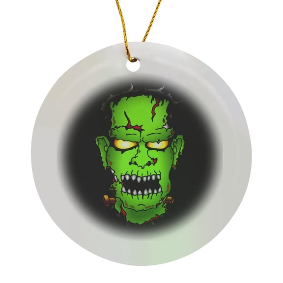 3drose, Frankenstein Trick or Treat 2 on Black, Circle Porcelain Ornament