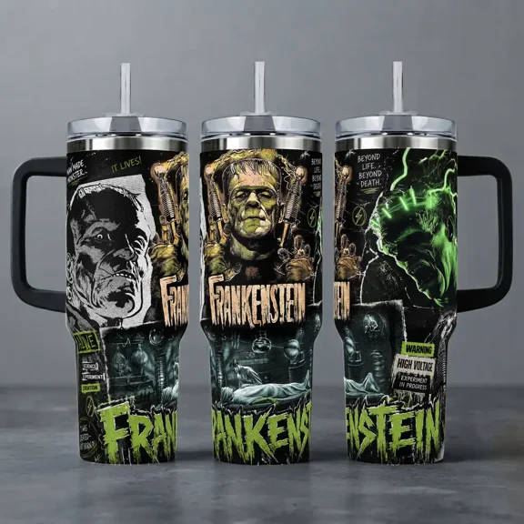 Frankenstein Universal Monsters Vintage Gothic, Retro Spooky Halloween Gift for Horror Fans, 40oz Tumbler With Handle, Stainless Steel Insulated Travel Cup for Hot and Cold Drinks