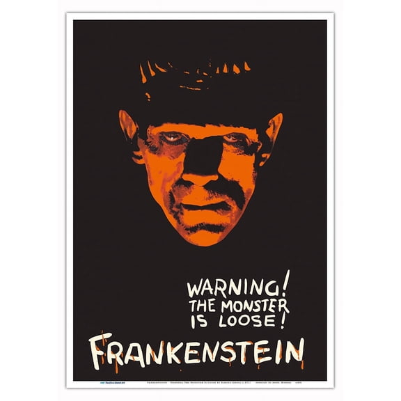 Frankenstein - Warning The Monster Is Loose - Vintage Horror Silent Film Movie Poster by Karoly Grosz c.1927 - Master Art Print 10in x 14in