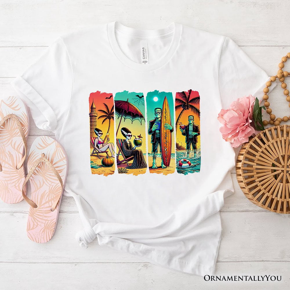 Frankenstein's Beach Vacation T-Shirt, Retro Neon Surf Style Tee for Horror Fans with Summer Vibes