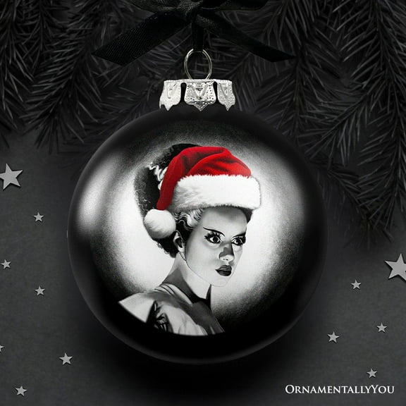 Frankenstein's Bride Christmas Spooky Portrait Glass Ornament, Black Horror Halloween Tree Decoration