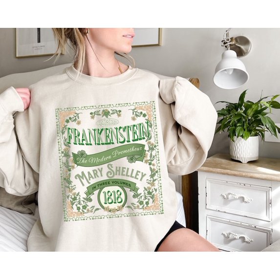 Frankestein Monster Sweatshirt, Mary Shelley Historical Horror Sweater, Bookish Literary Fan Art Gift, Orange Color, Size S