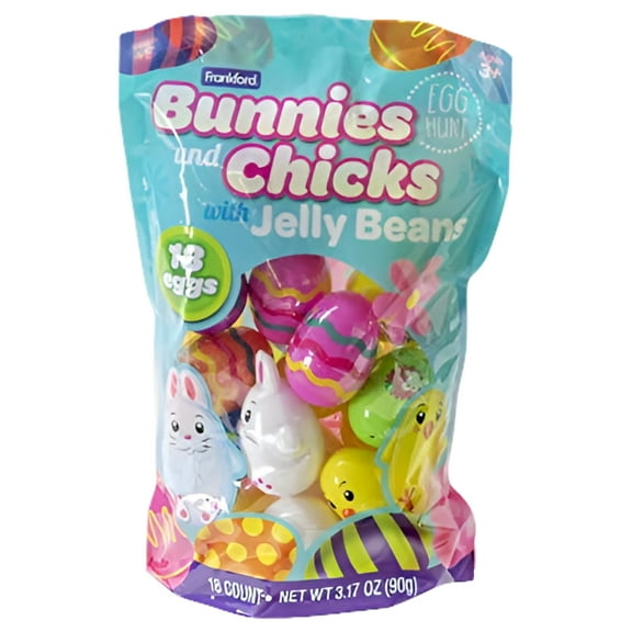 Frankford 18 ct Bunnies and Chicks Shaped Easter Animal Egg Hunt Eggs with Candy Jelly Beans