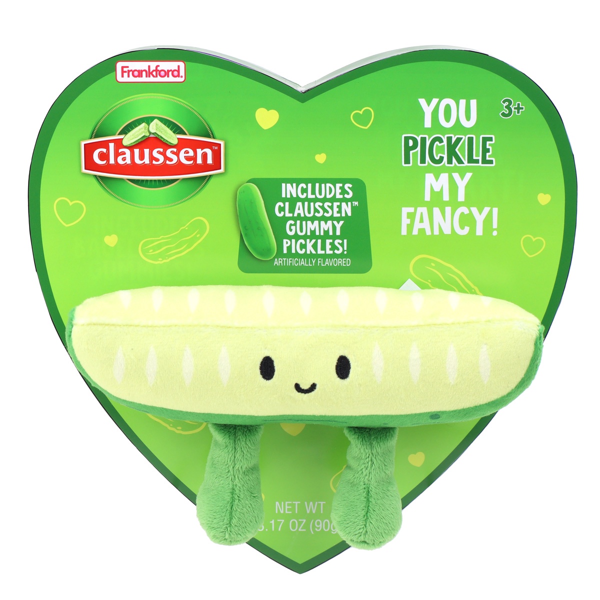 Caja de Corazón de San Valentín Frankford Claussen con Gomitas de Pepinillo Sabor Fruta y Peluche 3.17oz