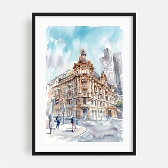 Frankfurt Furstenhof Historic Corner and Skyscraper Watercolor - Frankfurt am Main Hessen Germany Painting Watercolor Architecture Cityscape Travel Poster Black Framed Wall Art Print 5 x 7 inches