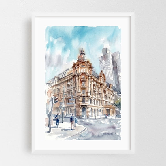 Frankfurt Furstenhof Historic Corner and Skyscraper Watercolor - Frankfurt am Main Hessen Germany Painting Watercolor Architecture Cityscape Travel Poster White Framed Wall Art Print 5 x 7 inches