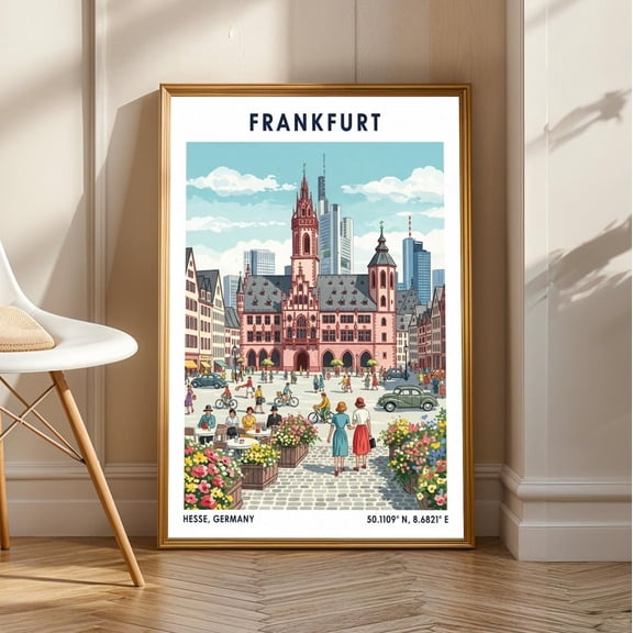 Frankfurt Römer Square Art Print – Pink And Blue And Green And Yellow Illustration | Vintage Travel Decor – European Cityscape Wall Art, Unframed Poster Size 8x12
