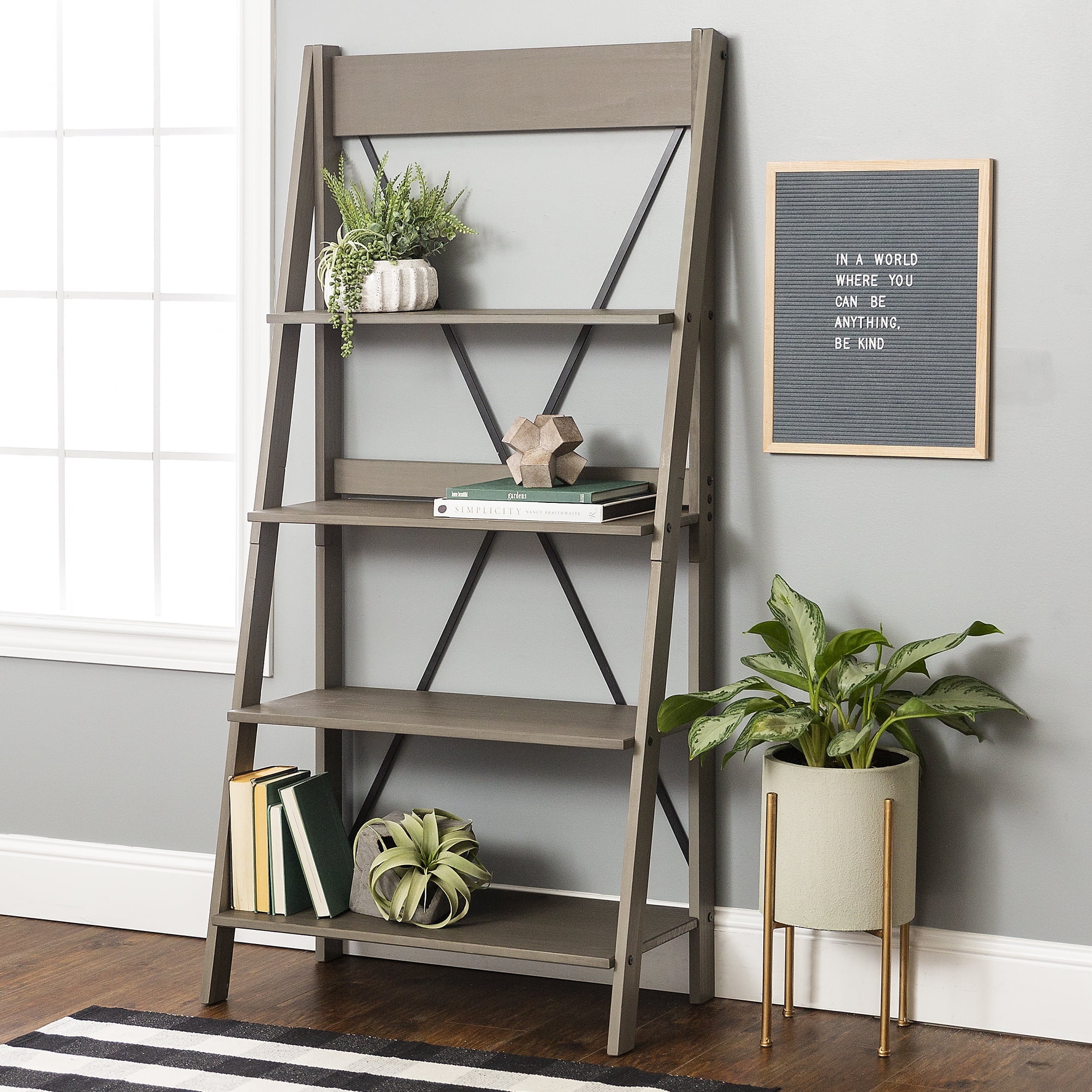 Gray Pine Wood 68" Ladder Bookcase with Metal X Back