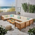 thumbnail image 1 of Frankie Outdoor 12 Piece Acacia Wood U-Shaped Sectional Sofa Set with Coffee Tables and Cushions, Teak, Beige, 1 of 10