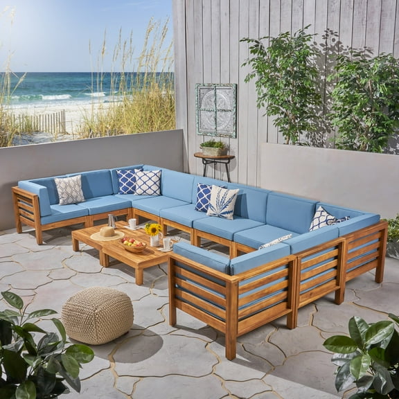 Frankie Outdoor 12 Piece Acacia Wood U-Shaped Sectional Sofa Set with Coffee Tables and Cushions, Teak, Blue