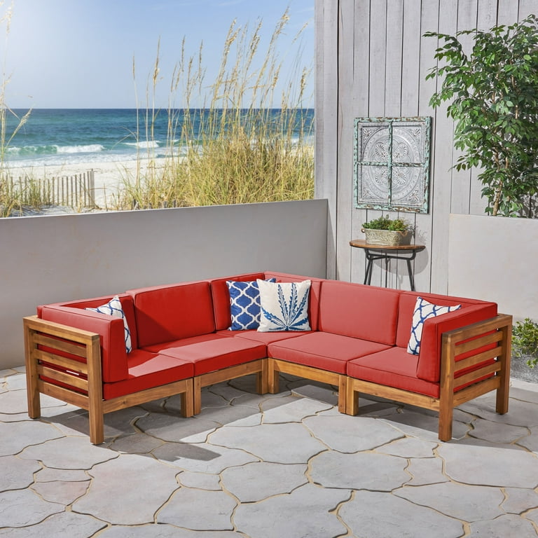 Frankie Outdoor 5 Piece Acacia Wood V Shaped Sectional Sofa Set and Cushions Teak Red