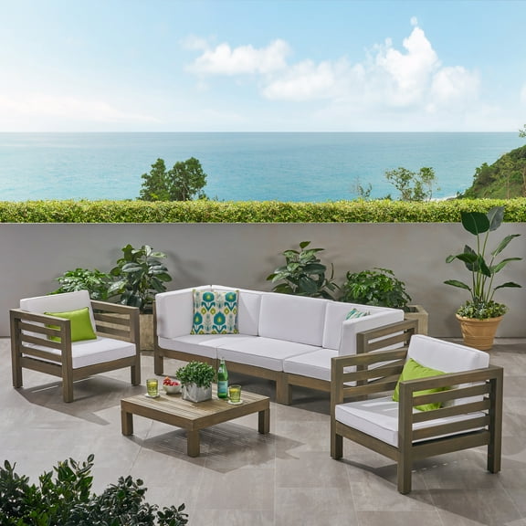 Frankie Outdoor 5 Seater Acacia Wood Sofa Chat Set, Gray and White
