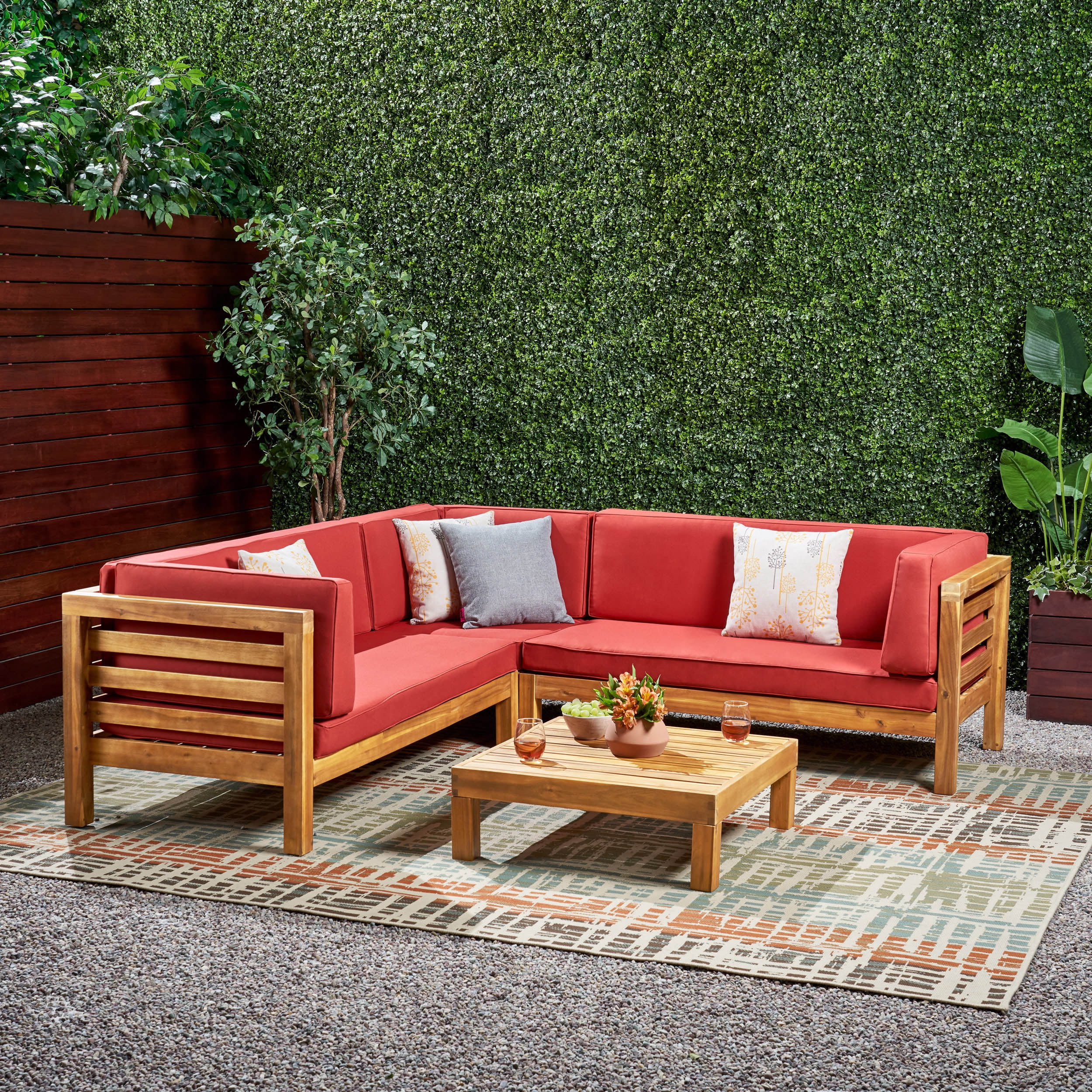 Frankie Outdoor 5 Seater V Shaped Mid-Century Modern Acacia Wood Sectional Sofa Set with Coffee Table, Teak and Red