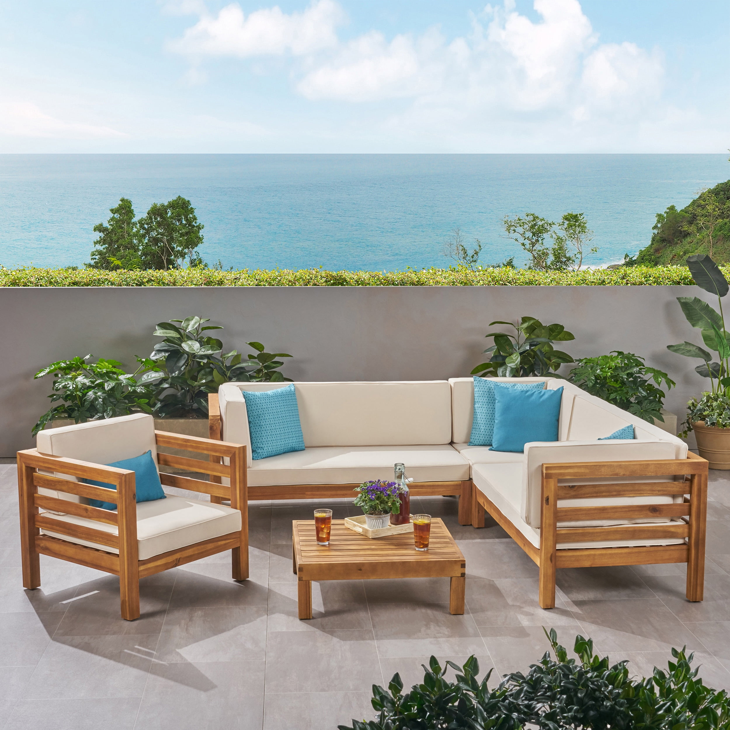 Frankie Outdoor 6 Seater Acacia Wood Sectional Sofa and Club Chair Set, Teak and Beige