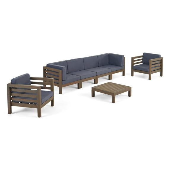 Frankie Outdoor 6 Seater Acacia Wood Sofa Chat Set, Gray and Dark Gray