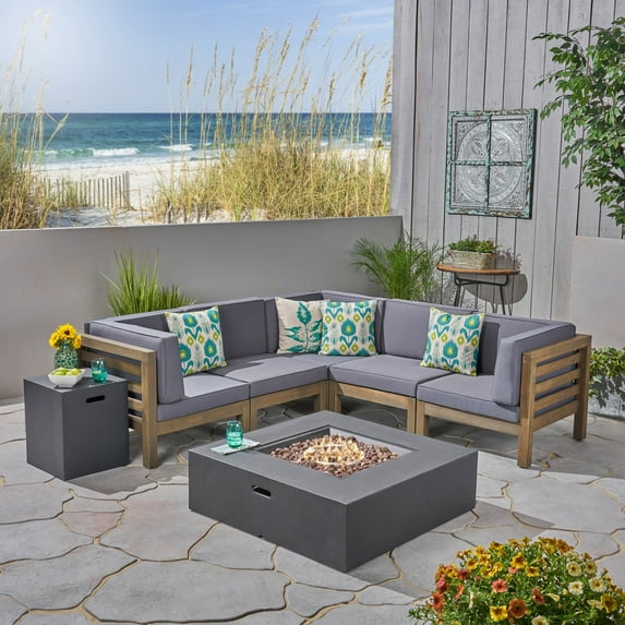 Frankie Outdoor 7 Piece Acacia Wood V-Shaped Sectional Sofa Set with Cushions and Fire Pit, Gray, Dark Gray, Dark Gray