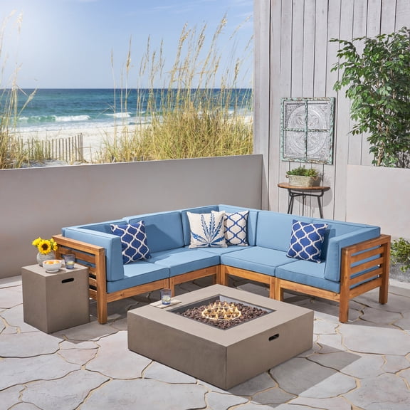 Frankie Outdoor 7 Piece Acacia Wood V-Shaped Sectional Sofa Set with Cushions and Fire Pit, Teak, Blue, Light Gray