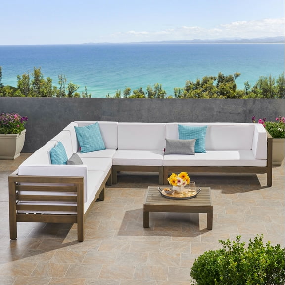 Frankie Outdoor 7 Seater Acacia Wood Sectional Sofa Set, Gray and White