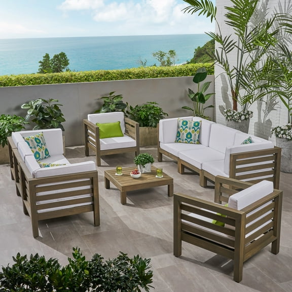 Frankie Outdoor 8 Seater Acacia Wood Sofa and Club Chair Set, Gray and White