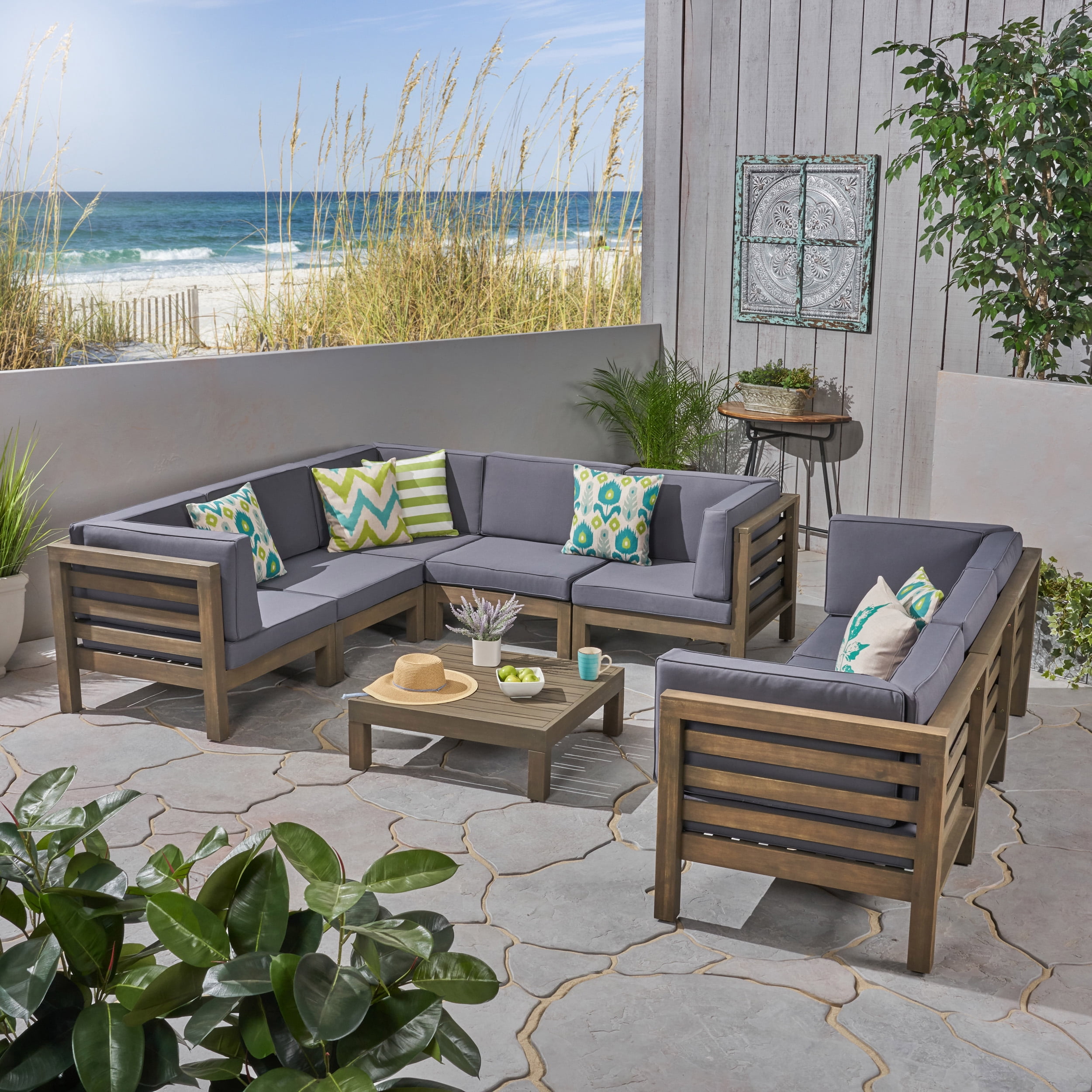 Frankie Outdoor 9 Piece Acacia Wood Sectional Sofa Set with Coffee Table and Cushions, Gray, Dark Gray